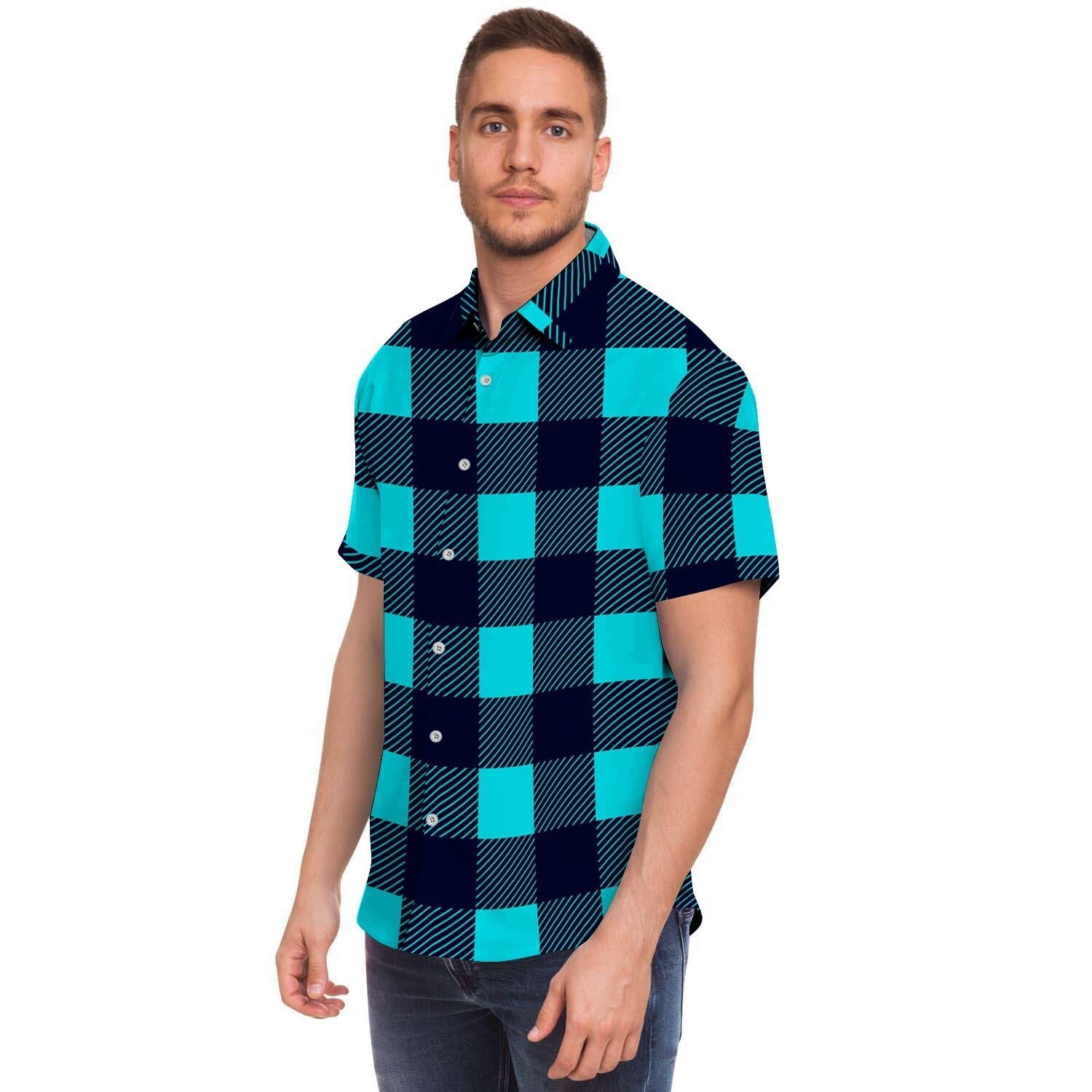 Blue Plaid Print Men's Short Sleeve Shirt-grizzshop