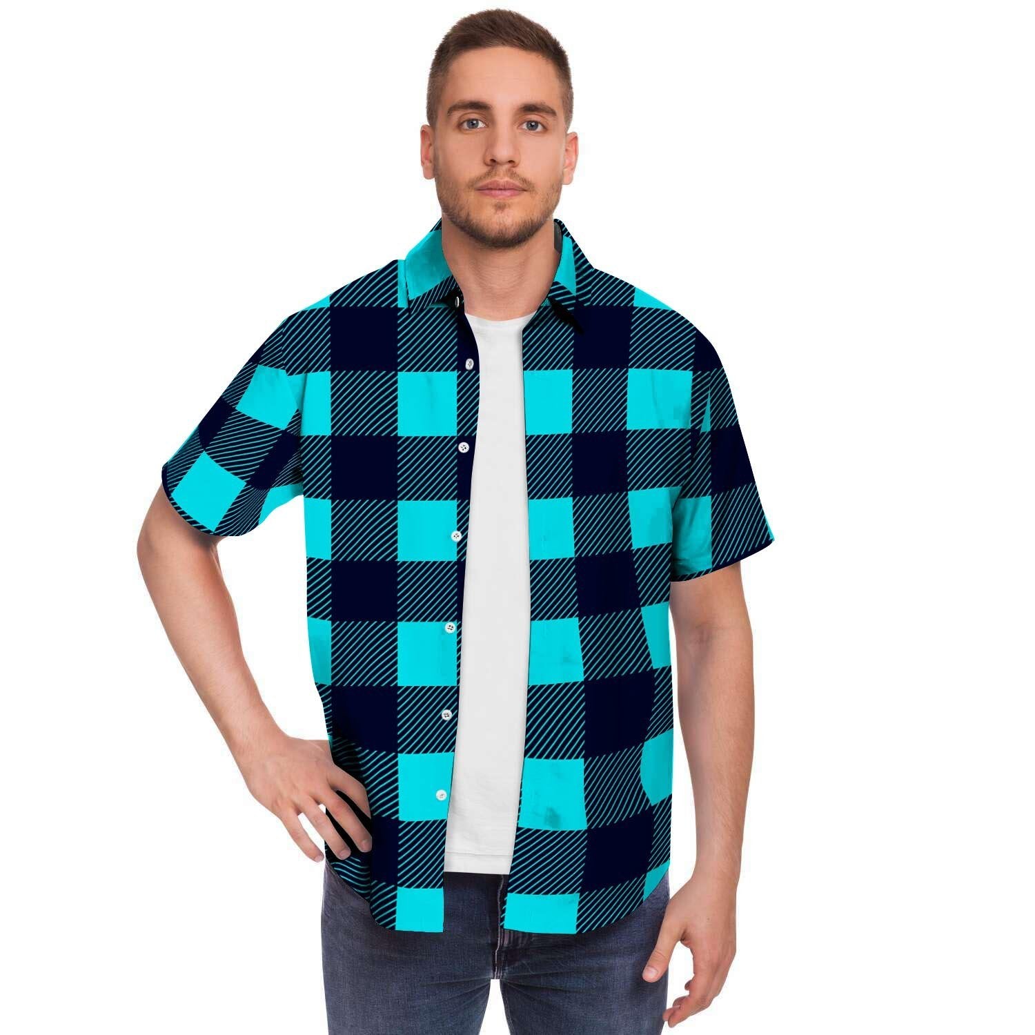 Blue Plaid Print Men's Short Sleeve Shirt-grizzshop