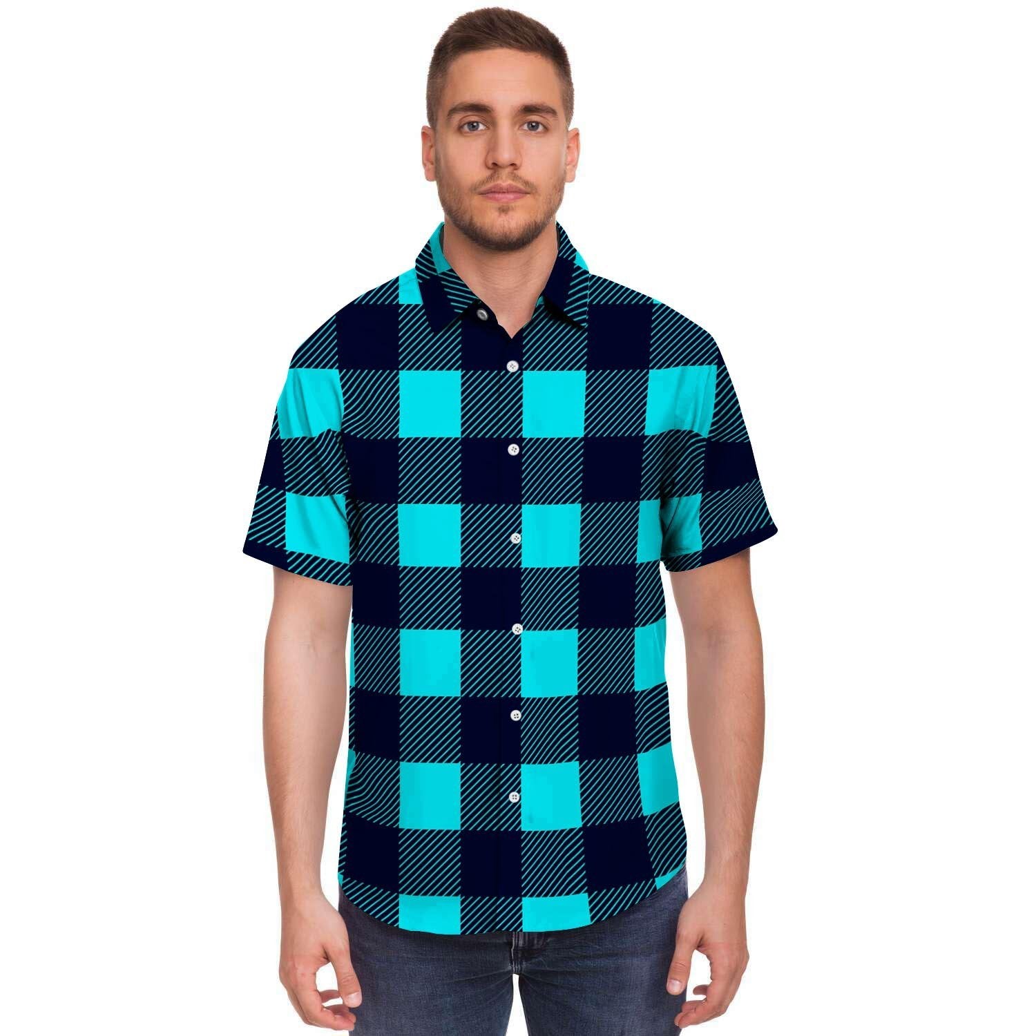 Blue Plaid Print Men's Short Sleeve Shirt-grizzshop