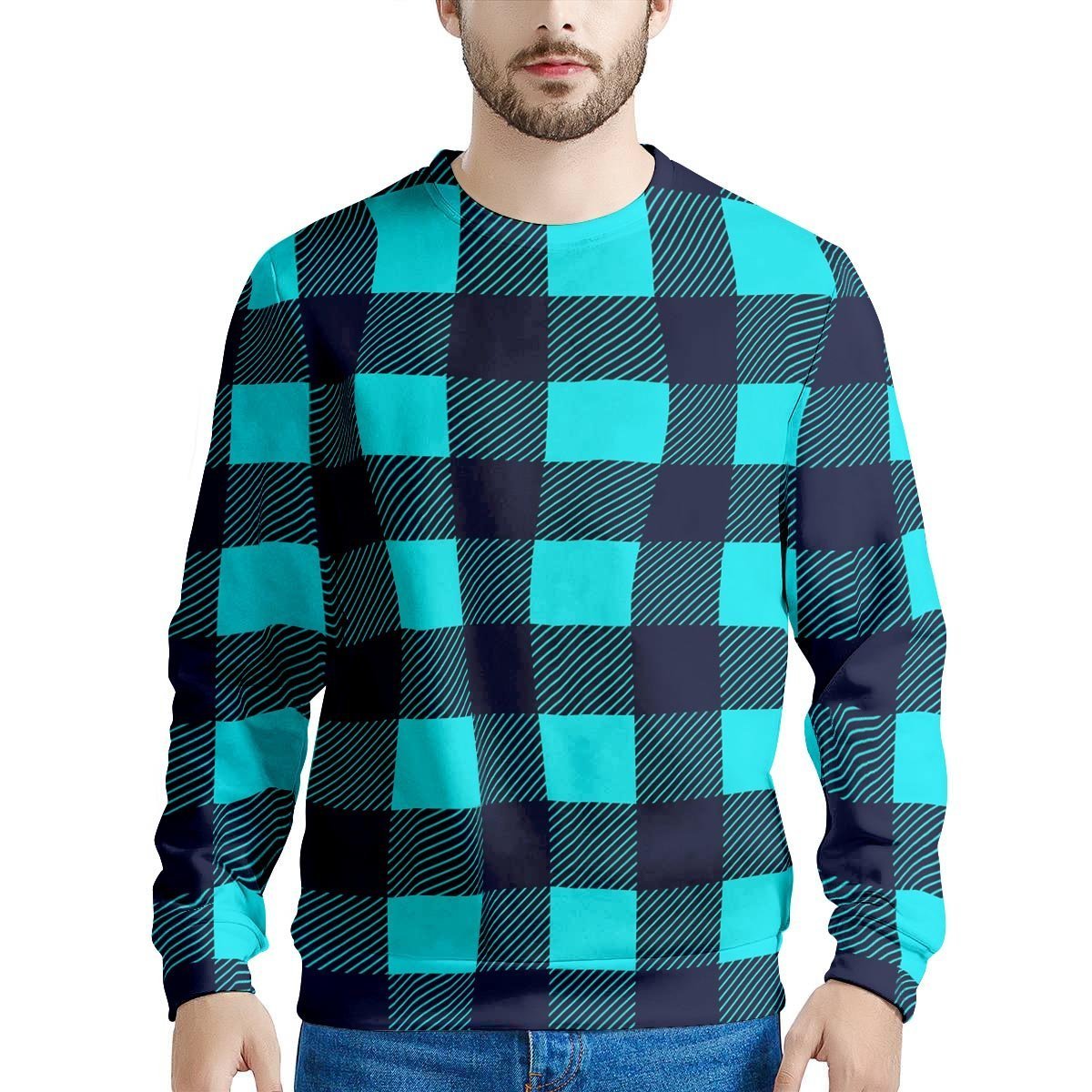 Blue Plaid Print Men's Sweatshirt-grizzshop