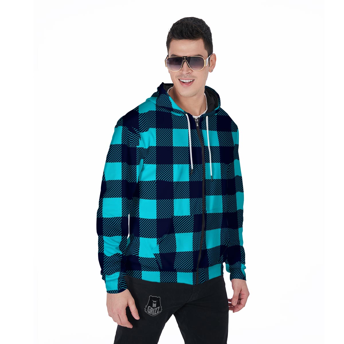 Blue Plaid Print Men's Zip Up Hoodie-grizzshop