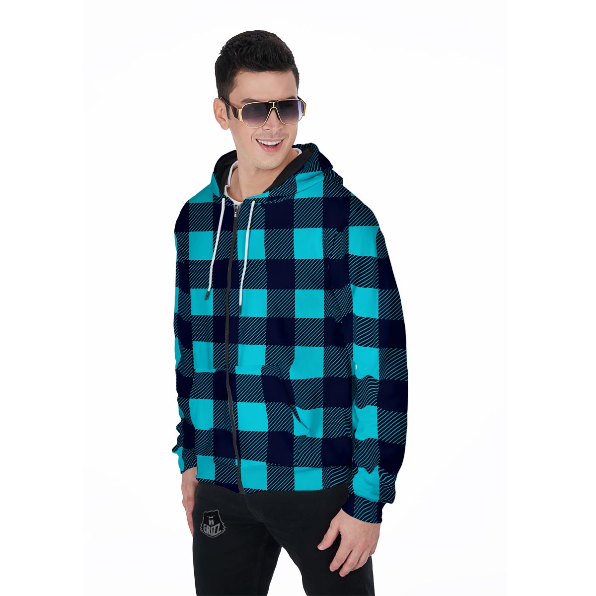 Blue Plaid Print Men's Zip Up Hoodie-grizzshop
