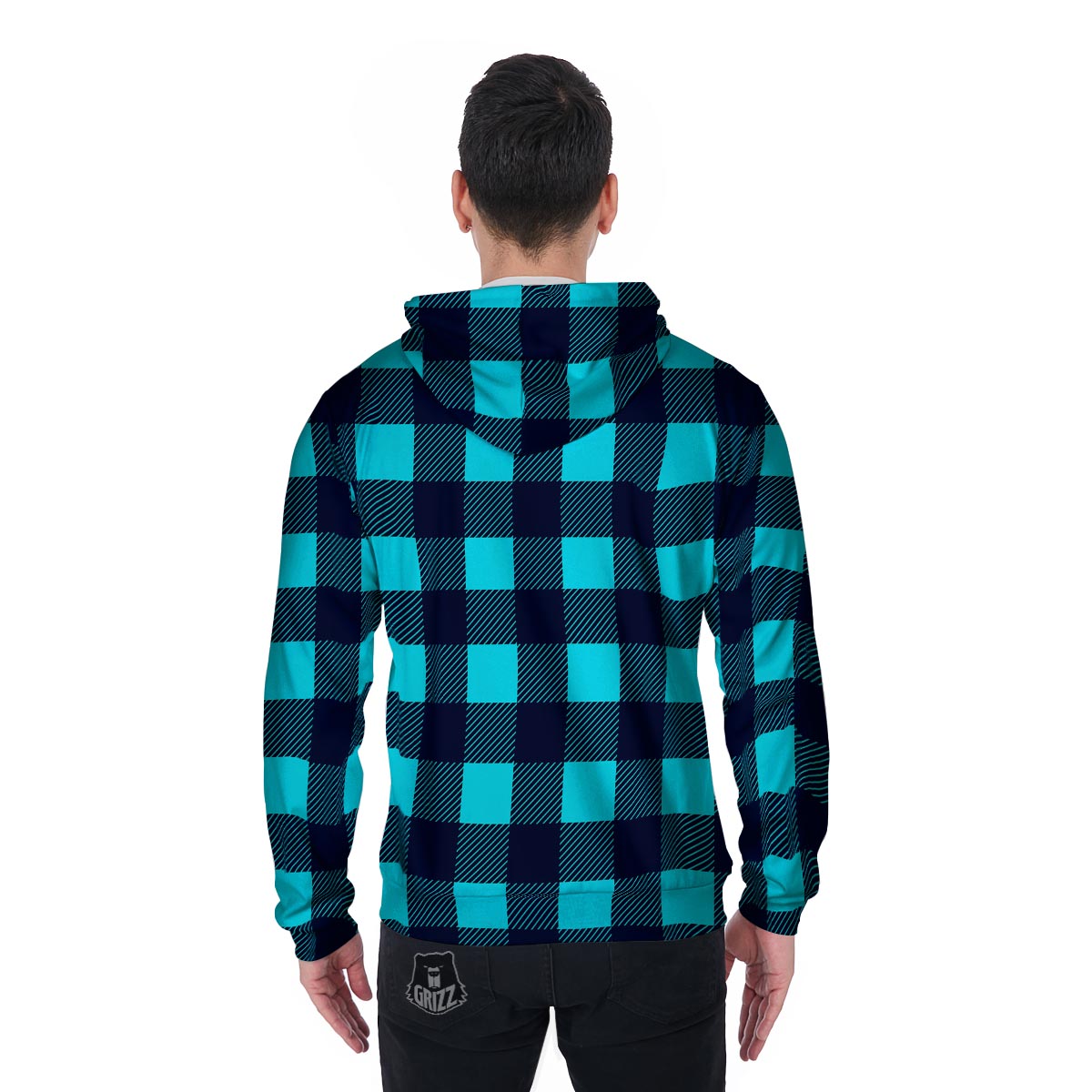 Blue Plaid Print Men's Zip Up Hoodie-grizzshop