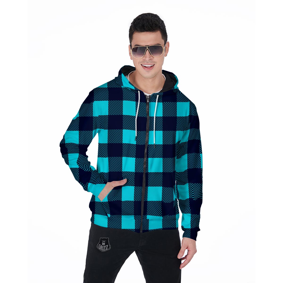 Blue Plaid Print Men's Zip Up Hoodie-grizzshop