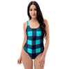 Blue Plaid Print One Piece Swimsuite-grizzshop