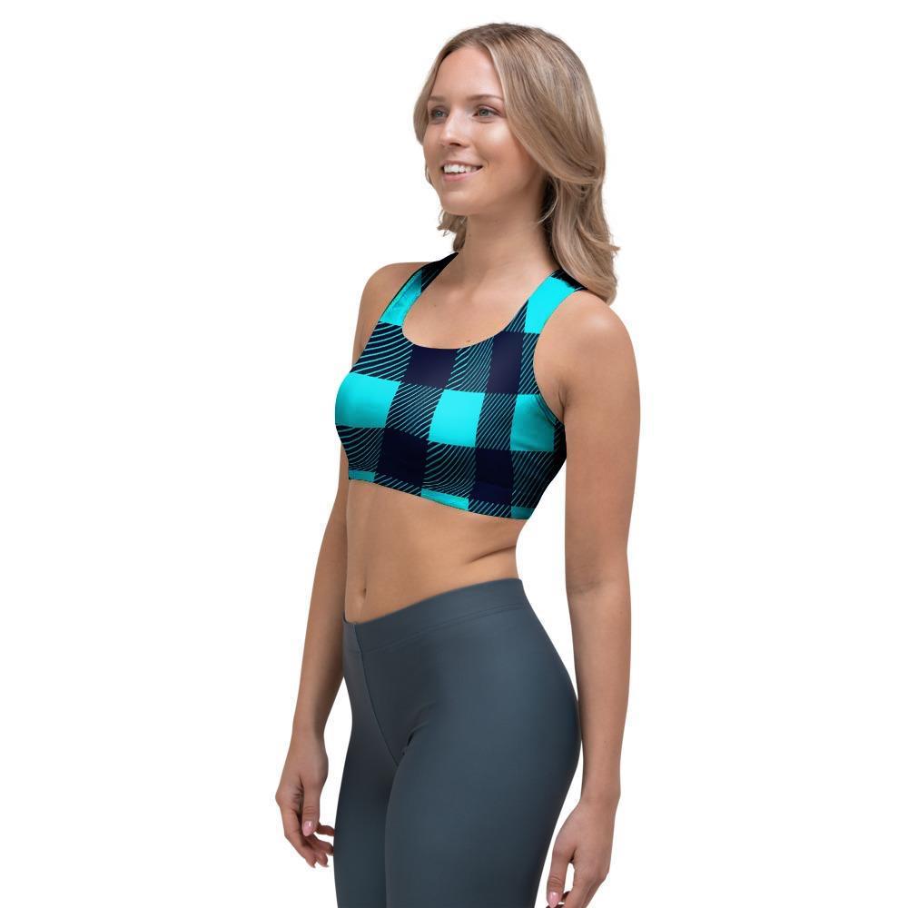 Blue Plaid Print Sports Bra-grizzshop