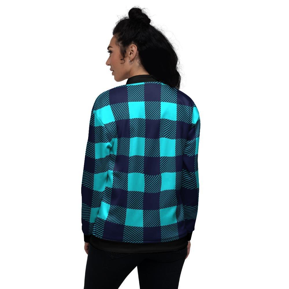 Blue Plaid Print Women's Bomber Jacket-grizzshop