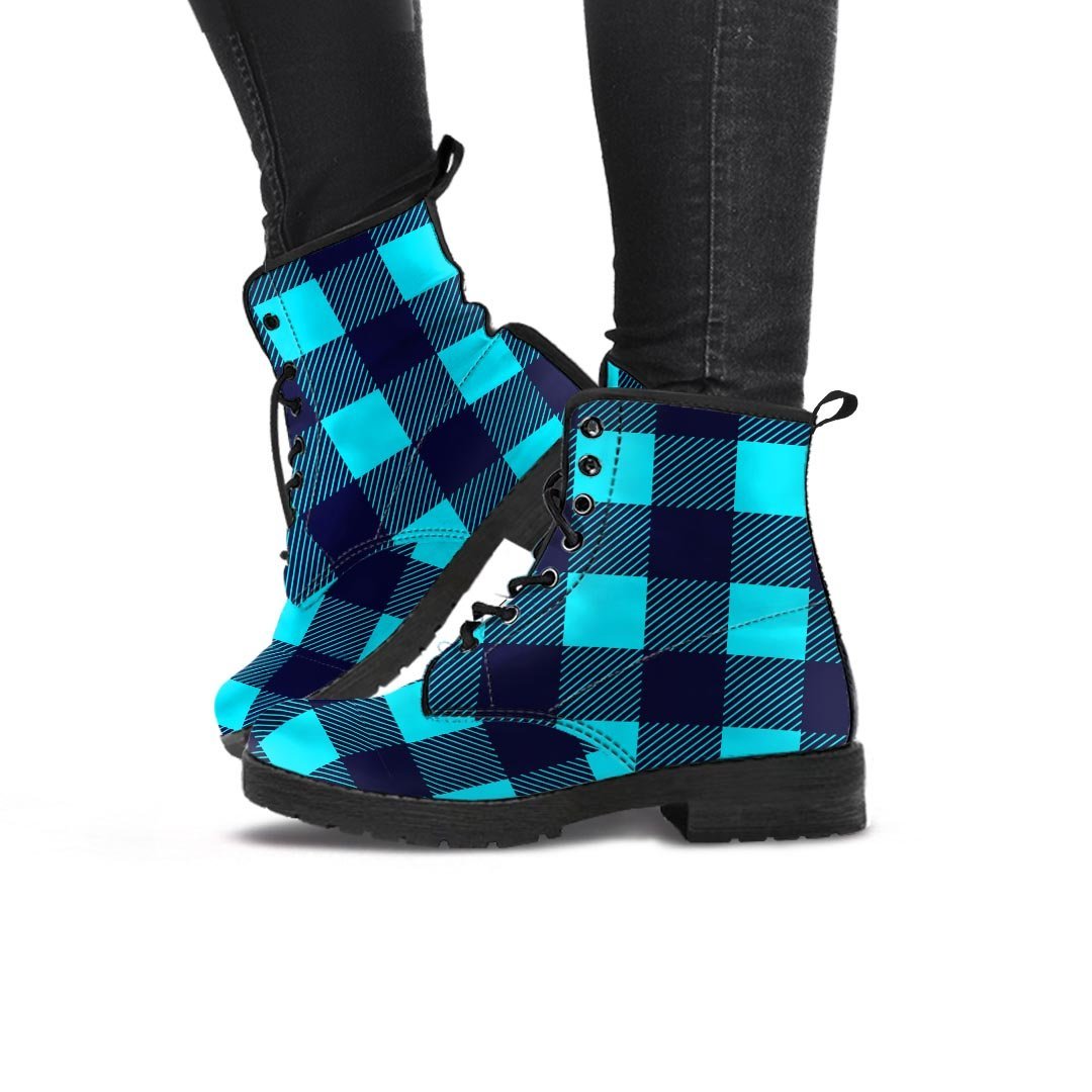 Blue Plaid Print Women's Boots-grizzshop