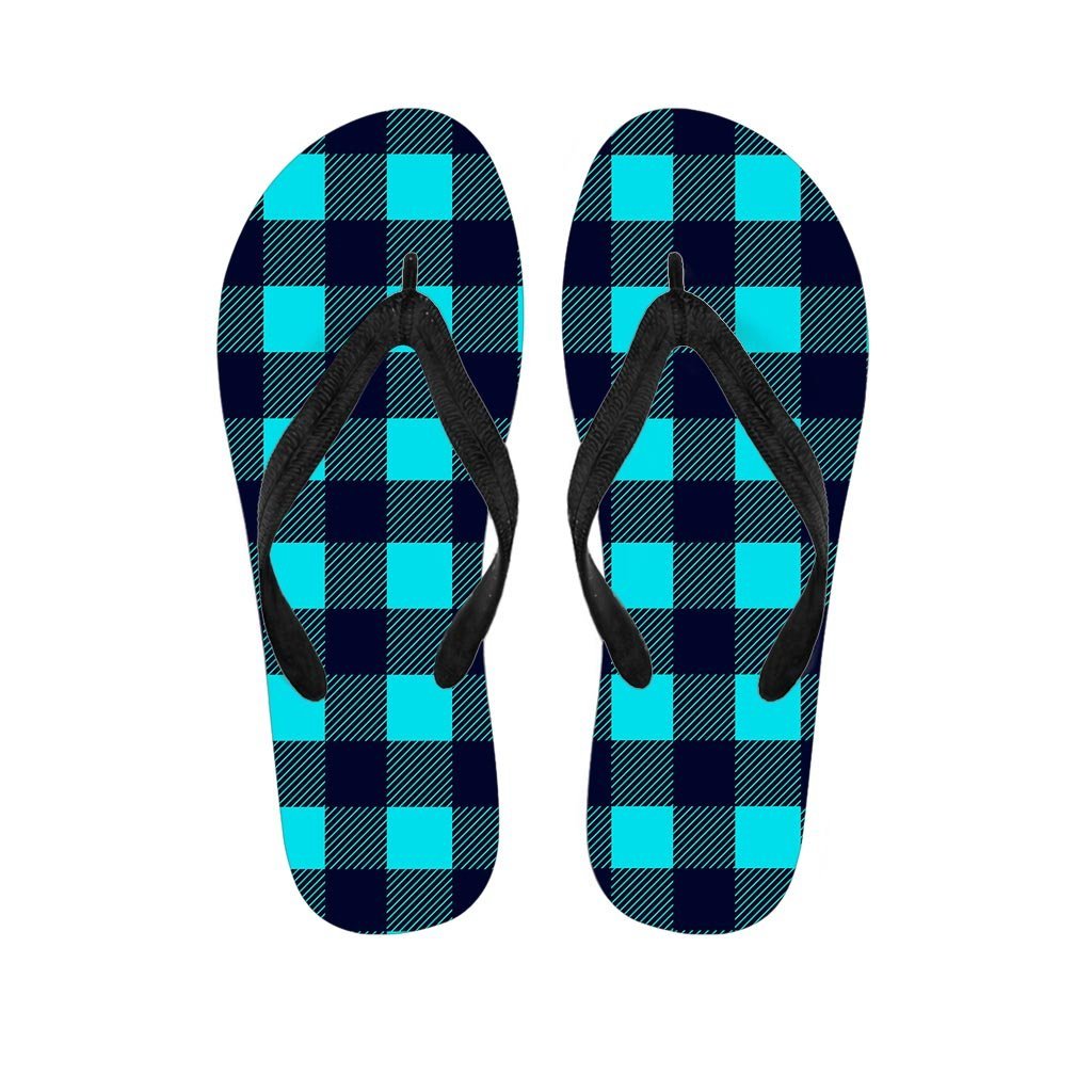 Blue Plaid Print Women's Flip Flops-grizzshop
