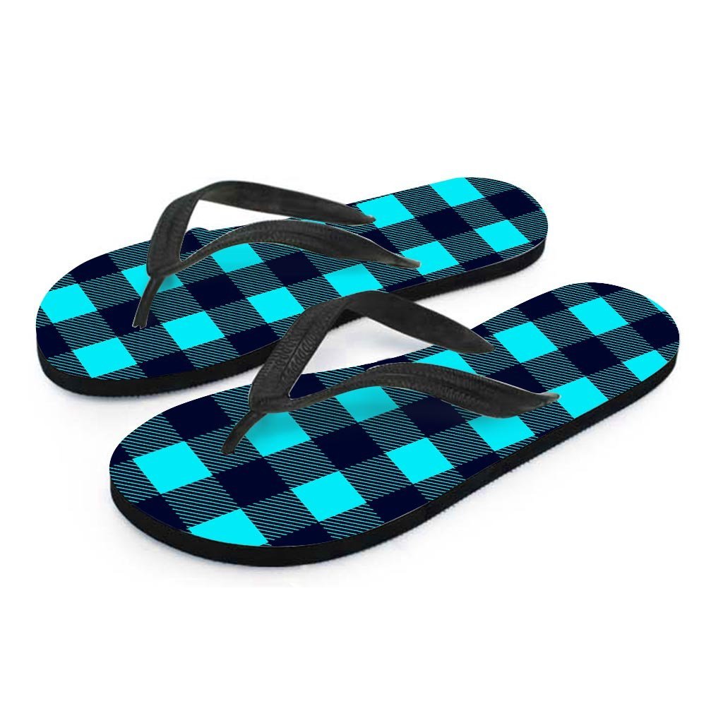 Blue Plaid Print Women's Flip Flops-grizzshop