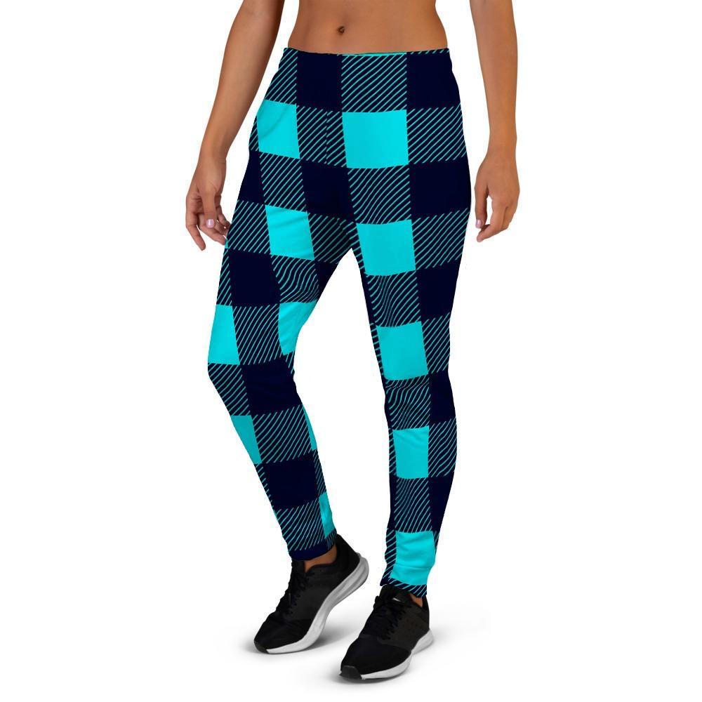 Blue Plaid Print Women's Joggers-grizzshop