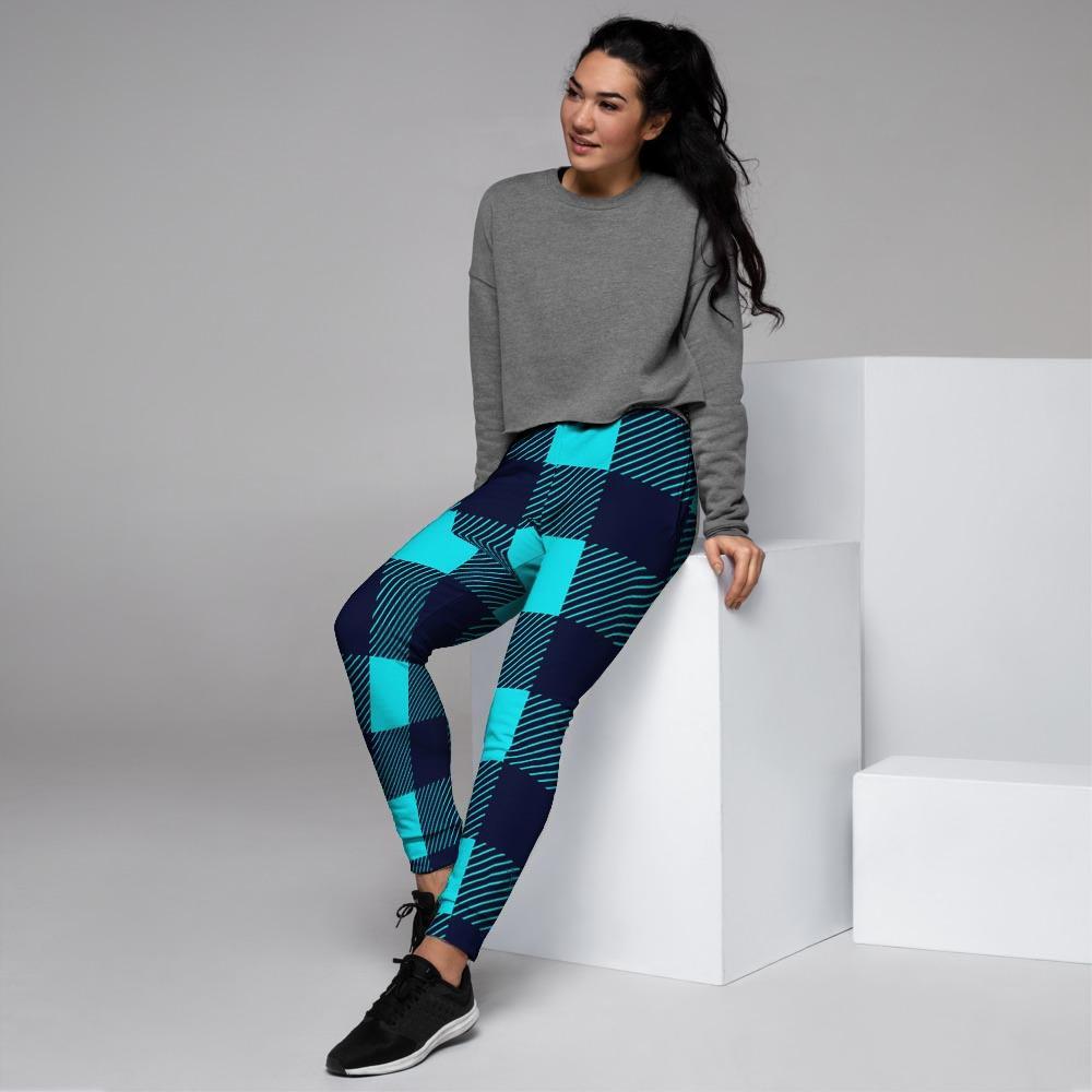 Blue Plaid Print Women's Joggers-grizzshop