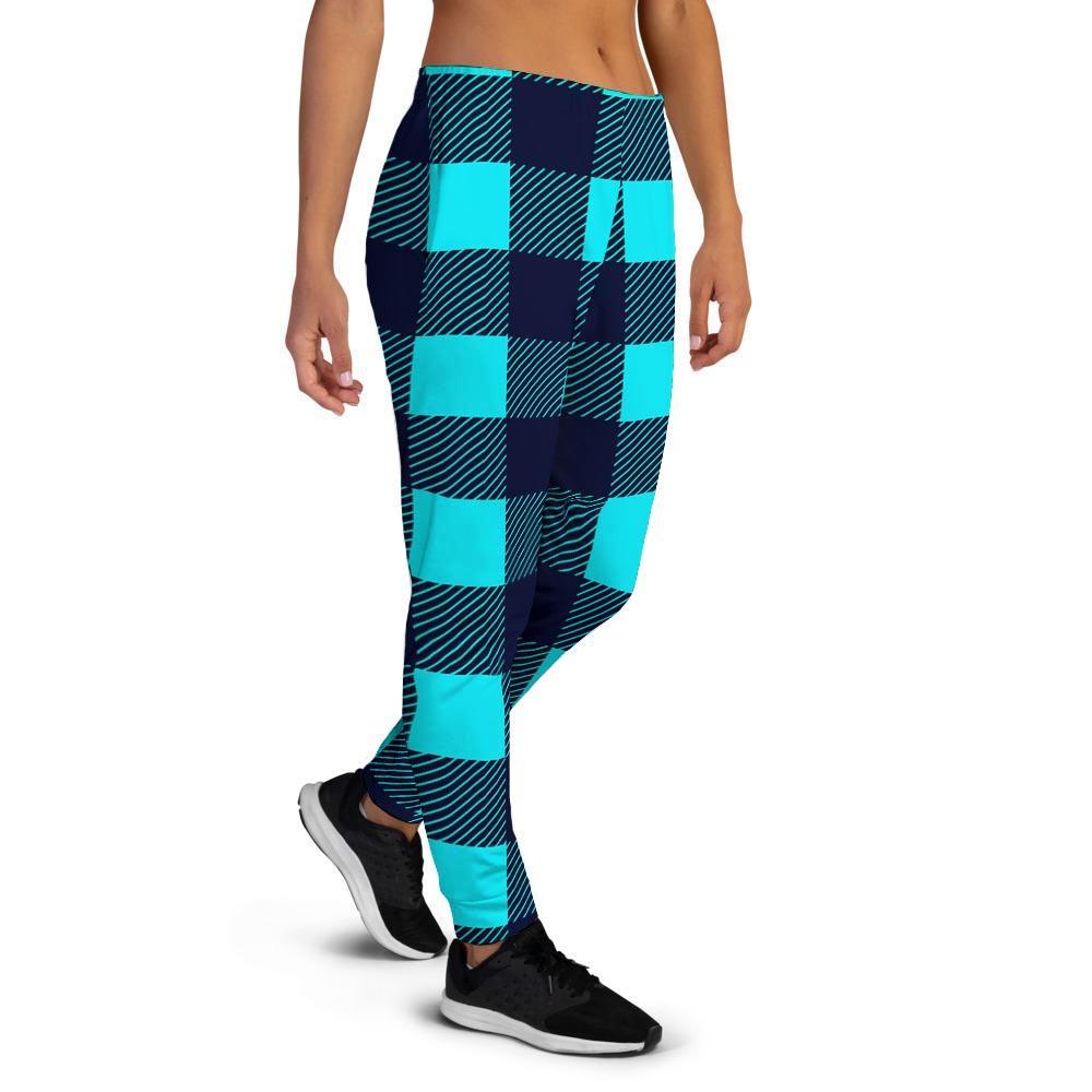 Blue Plaid Print Women's Joggers-grizzshop