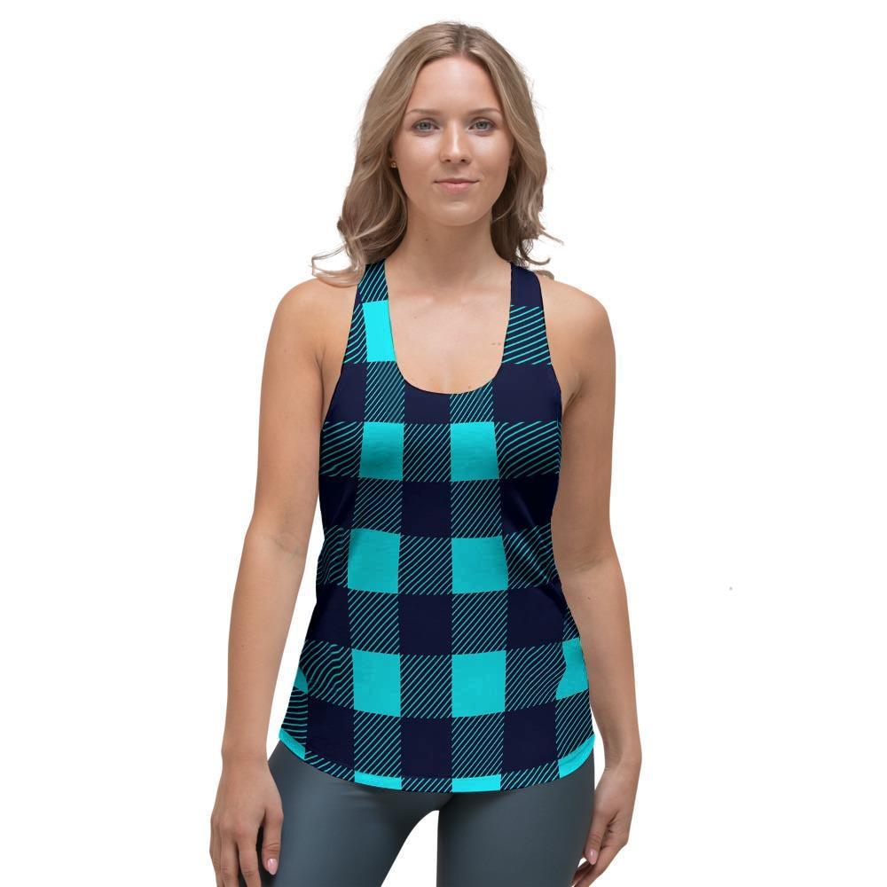 Blue Plaid Print Women's Racerback Tank Top-grizzshop