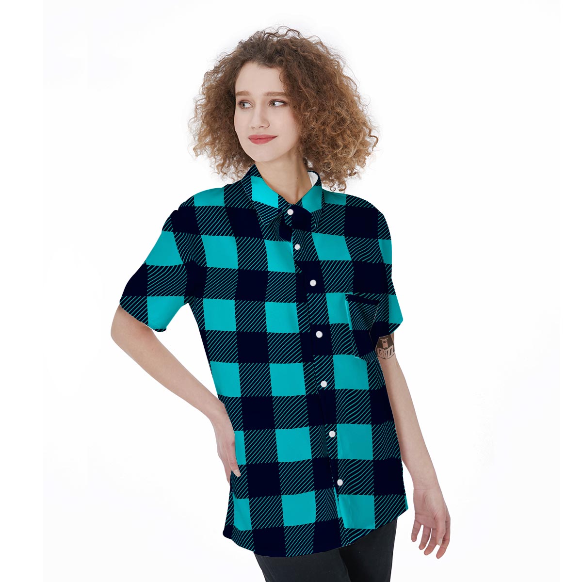 Blue Plaid Print Women's Short Sleeve Shirts-grizzshop