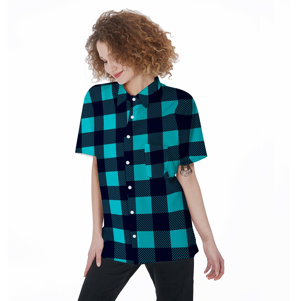 Blue Plaid Print Women's Short Sleeve Shirts-grizzshop