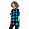 Blue Plaid Print Women's Short Sleeve Shirts-grizzshop