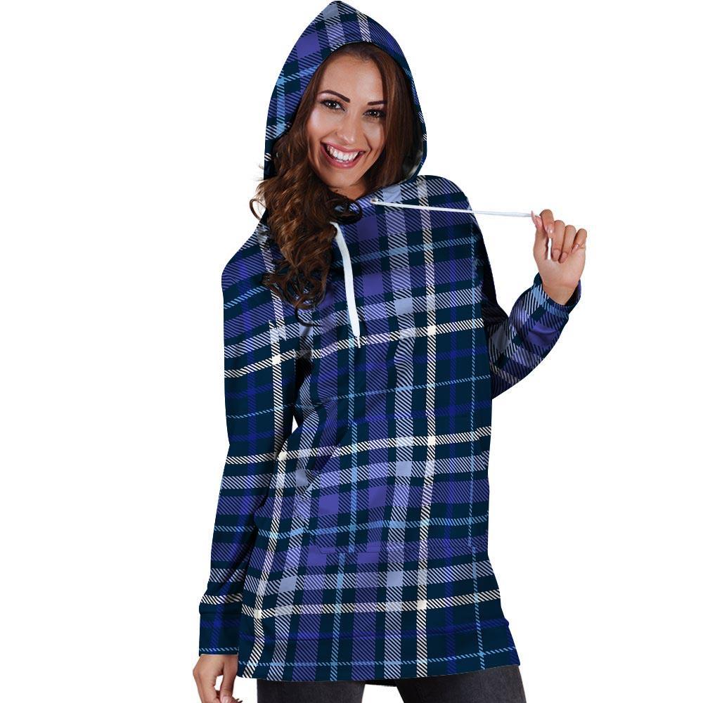 Blue Plaid Tartan Hoodie Dress-grizzshop