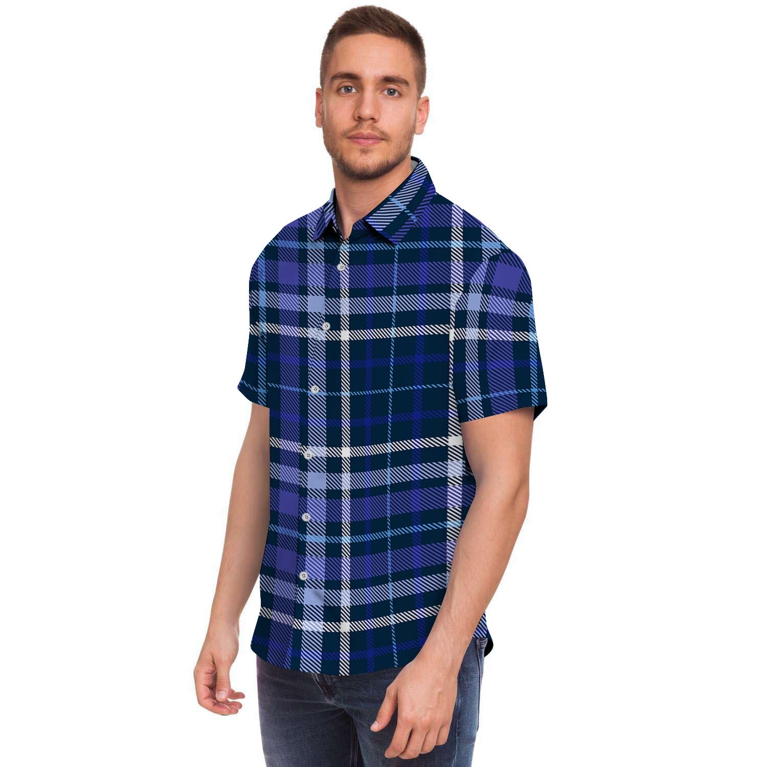 Blue Plaid Tartan Men's Short Sleeve Shirt-grizzshop