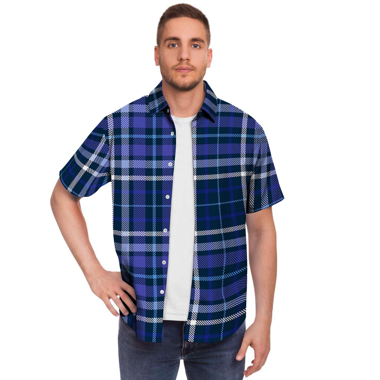 Blue Plaid Tartan Men's Short Sleeve Shirt-grizzshop