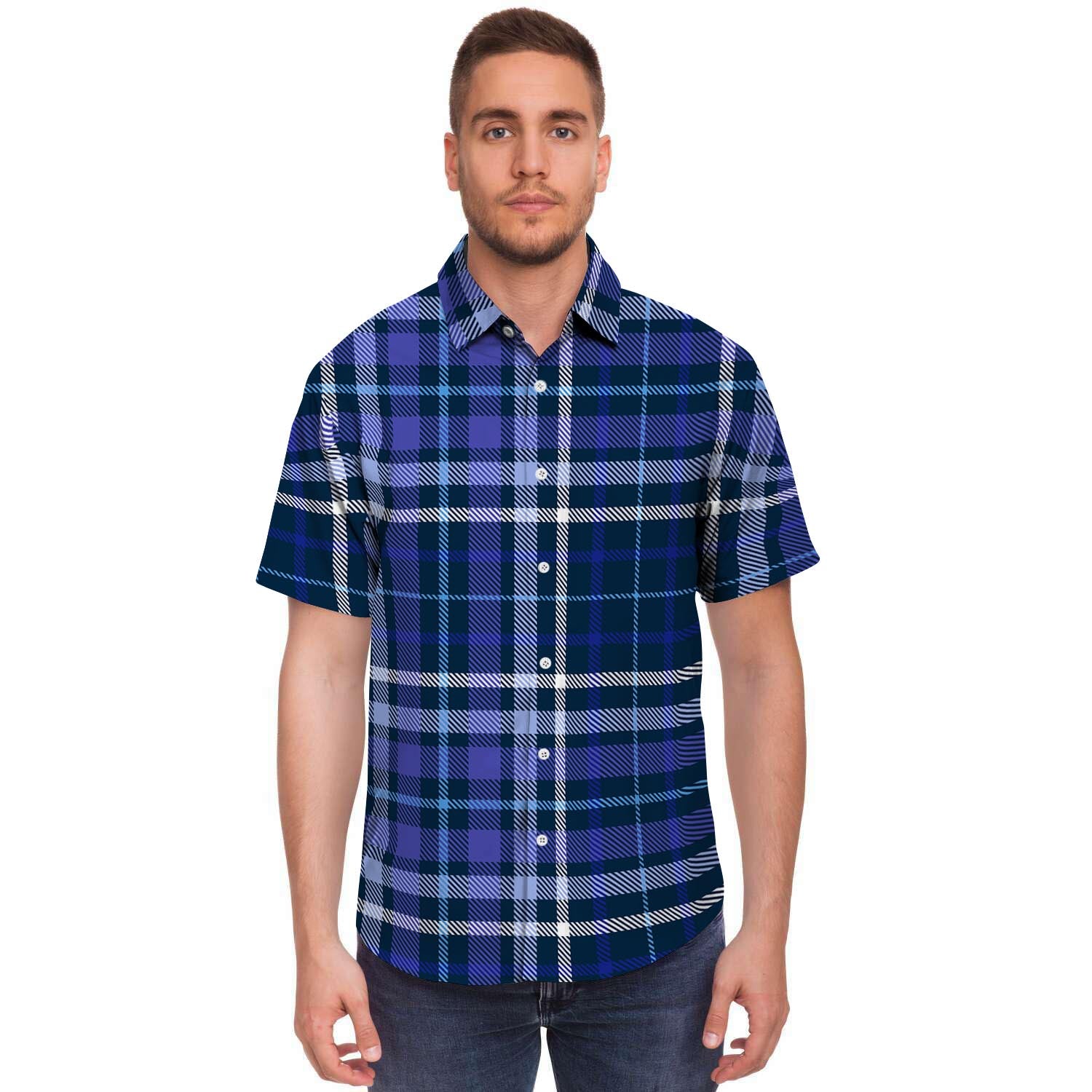 Blue Plaid Tartan Men's Short Sleeve Shirt-grizzshop