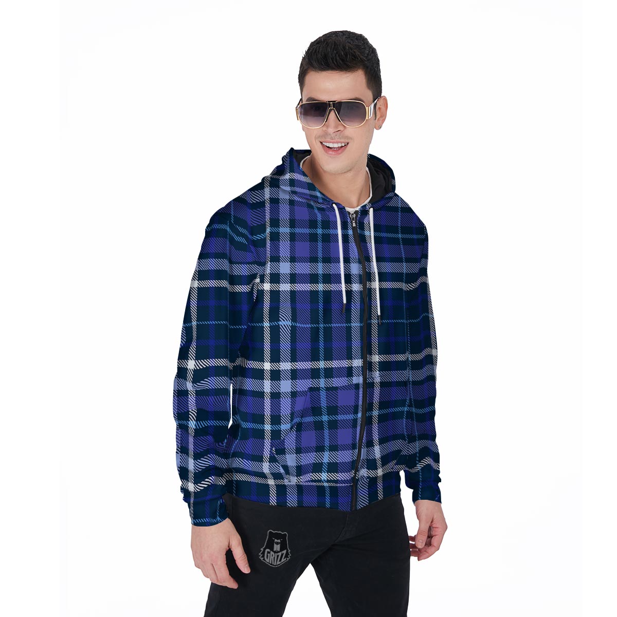 Blue Plaid Tartan Men's Zip Up Hoodie-grizzshop