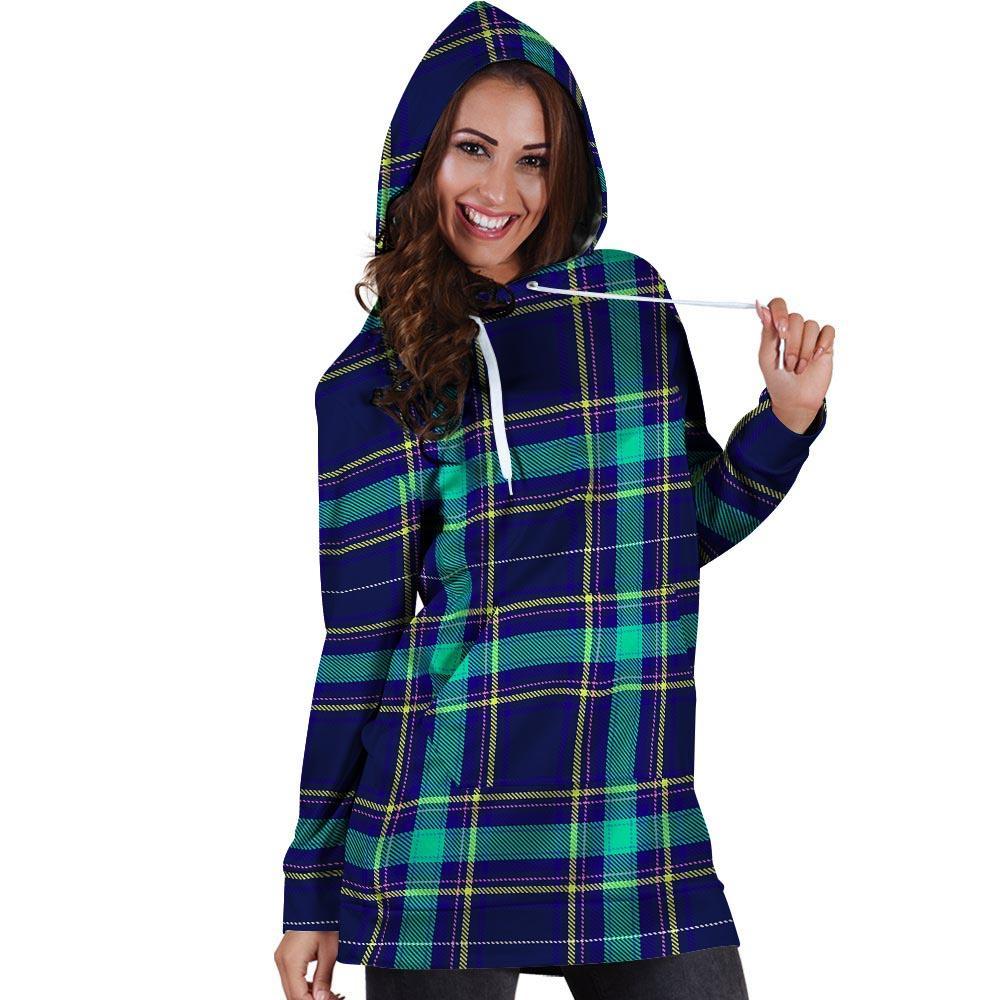 Blue Plaid Tartan Print Hoodie Dress-grizzshop