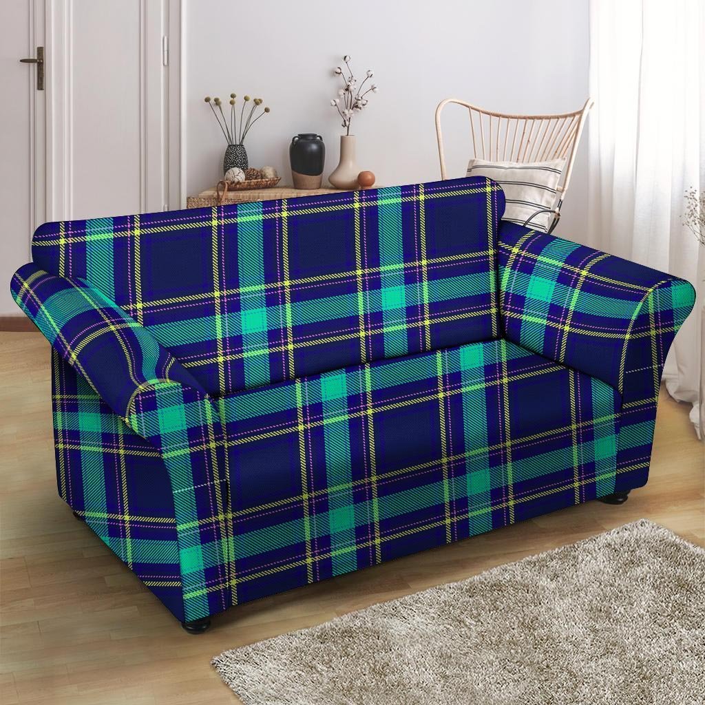 Blue Plaid Tartan Print Loveseat Cover-grizzshop