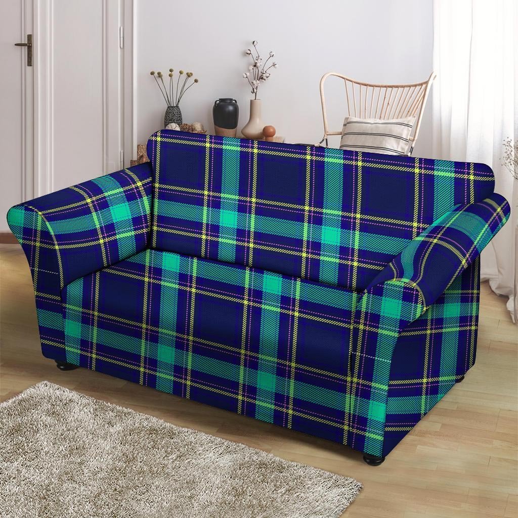 Blue Plaid Tartan Print Loveseat Cover-grizzshop