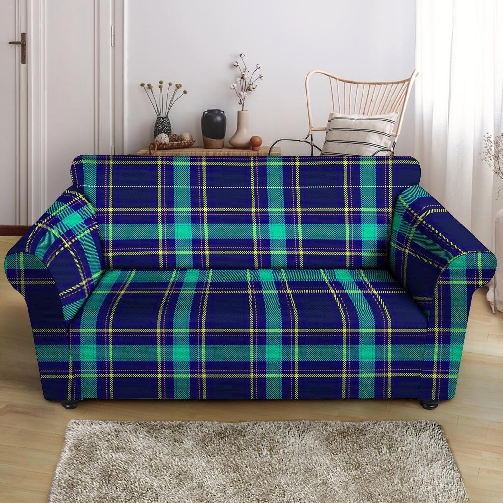 Blue Plaid Tartan Print Loveseat Cover-grizzshop