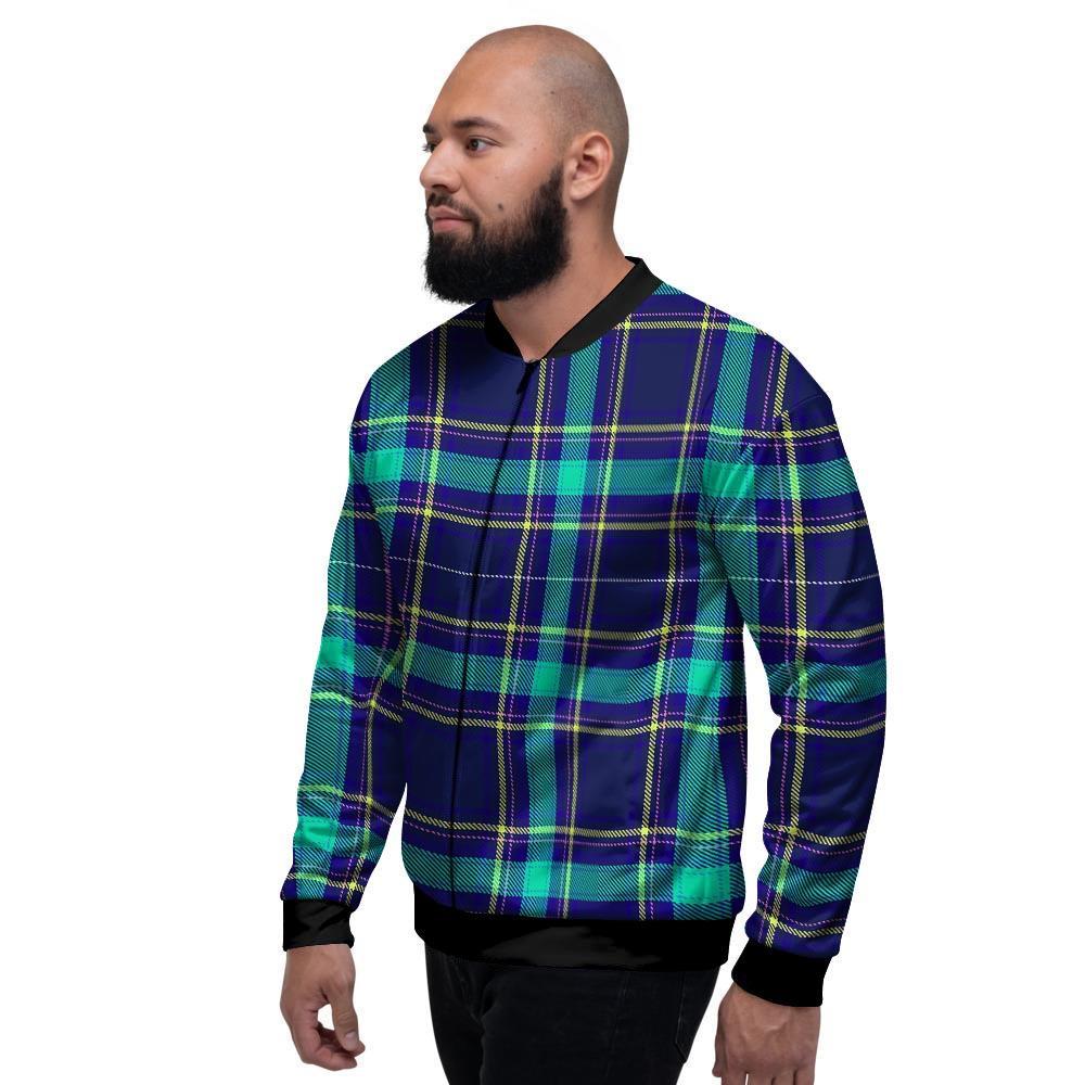 Blue Plaid Tartan Print Men's Bomber Jacket-grizzshop