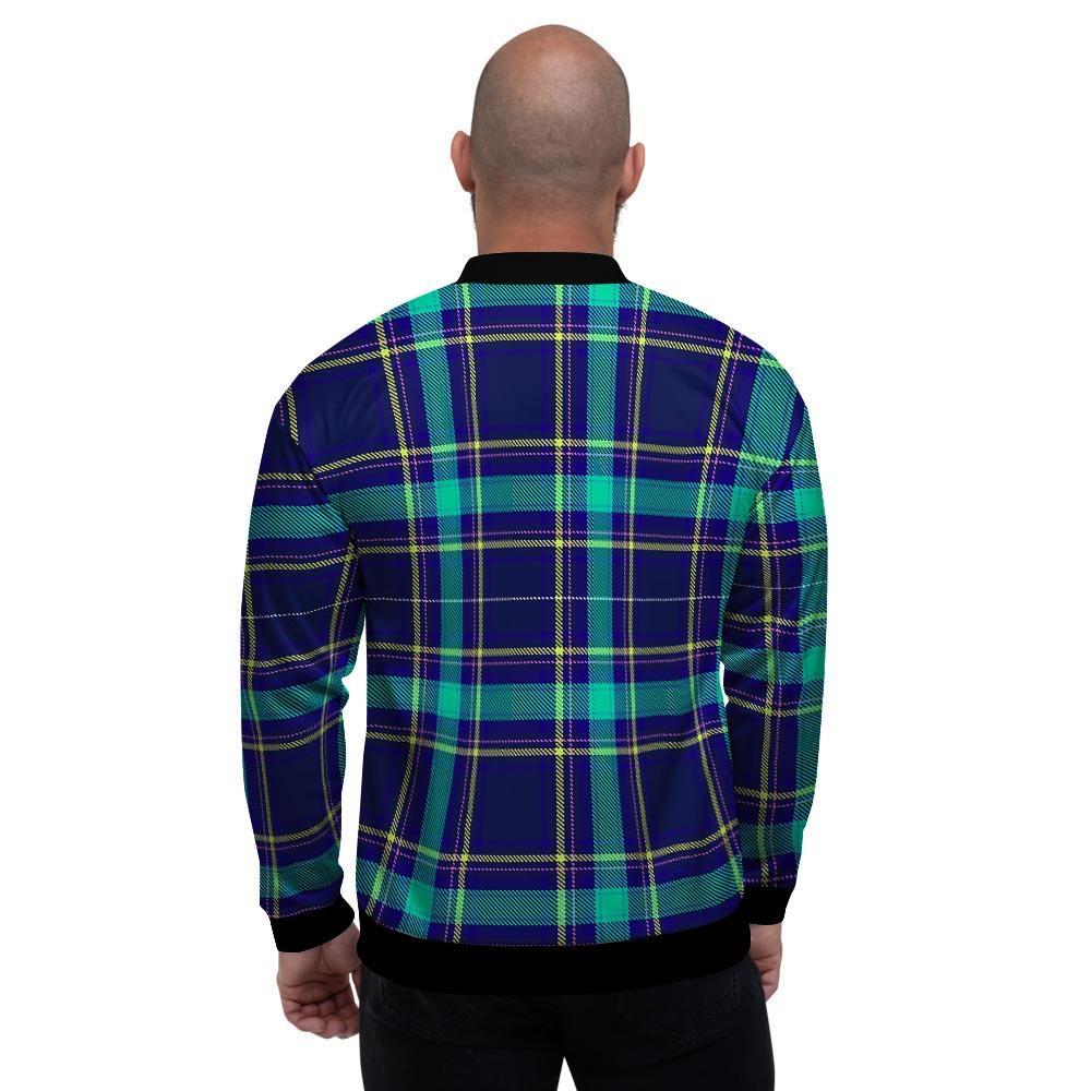 Blue Plaid Tartan Print Men's Bomber Jacket-grizzshop