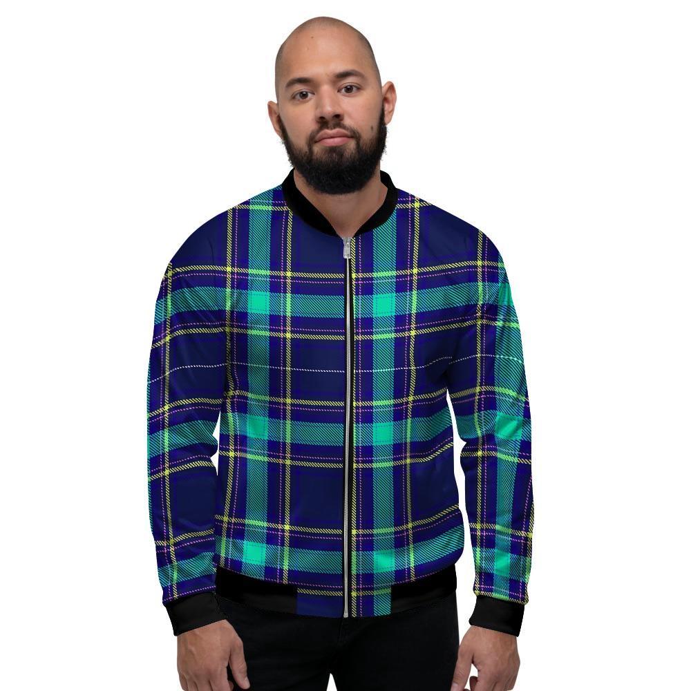 Blue Plaid Tartan Print Men's Bomber Jacket-grizzshop