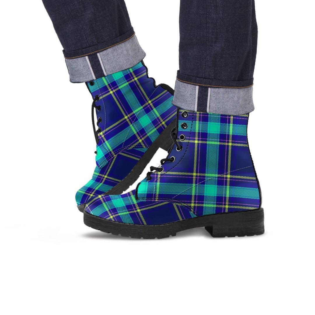 Blue Plaid Tartan Print Men's Boots-grizzshop