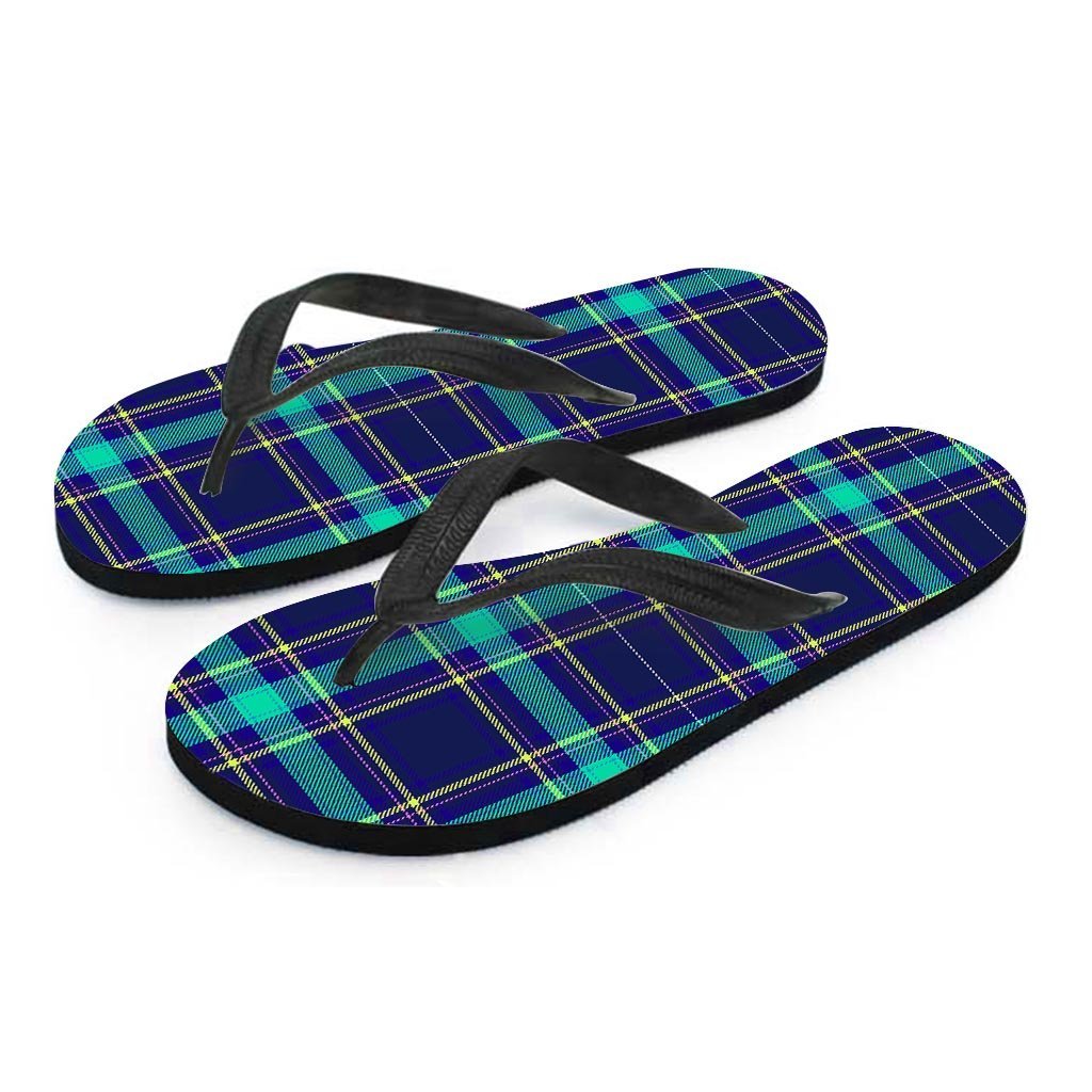 Blue Plaid Tartan Print Men's Flip Flops-grizzshop