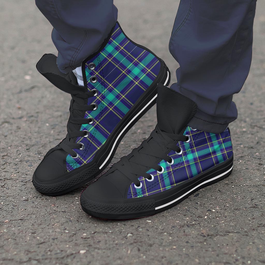 Blue Plaid Tartan Print Men's High Top Shoes-grizzshop