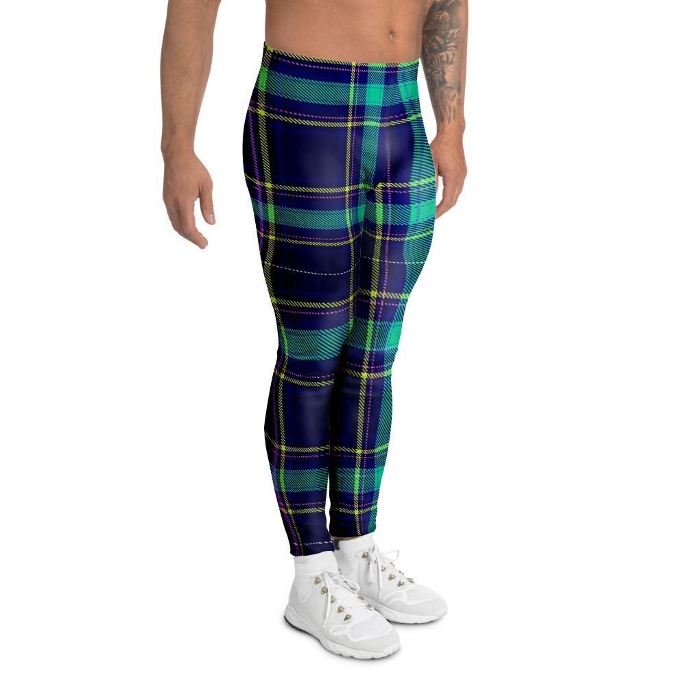 Blue Plaid Tartan Print Men's Leggings-grizzshop