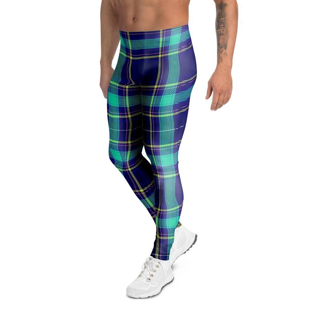 Blue Plaid Tartan Print Men's Leggings-grizzshop