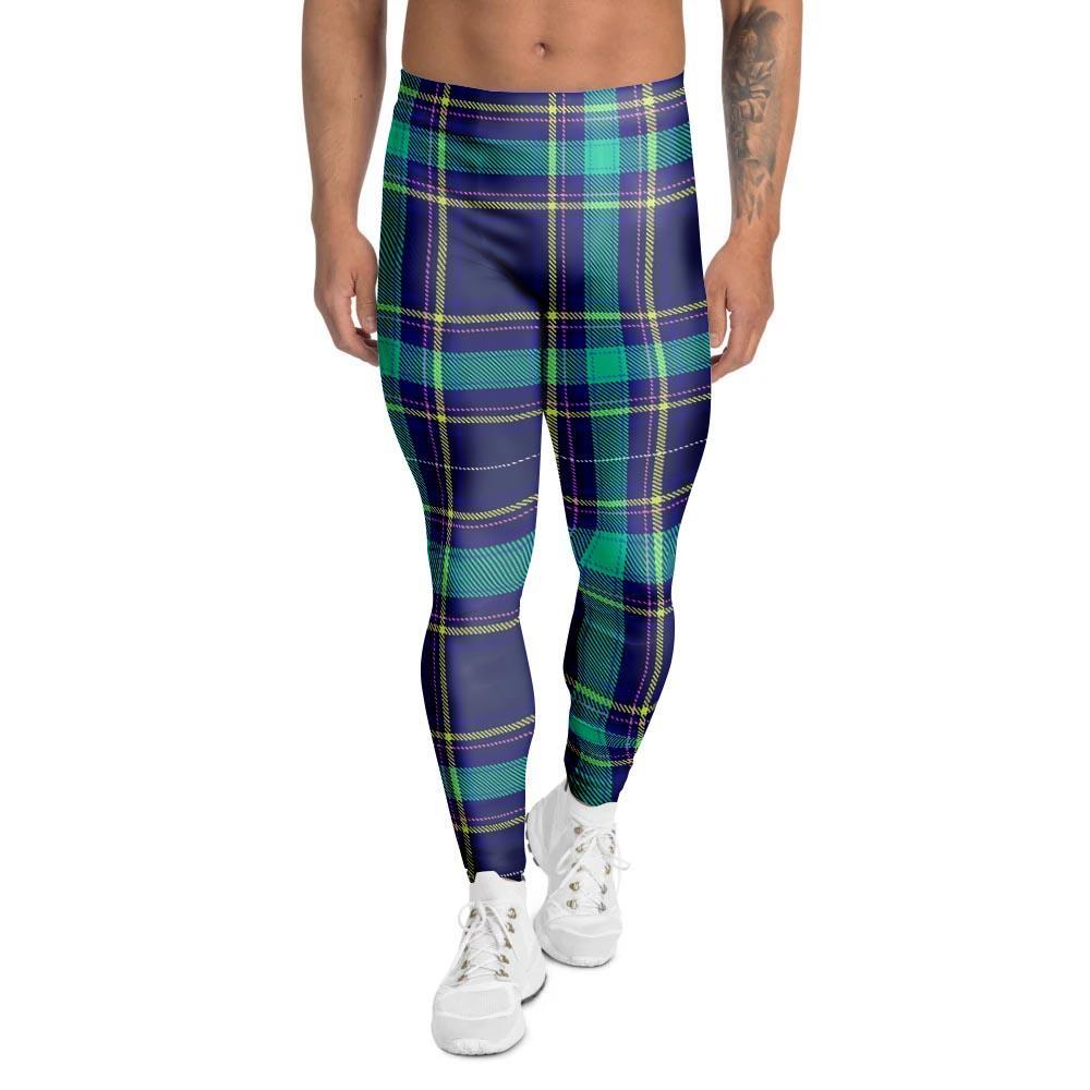 Blue Plaid Tartan Print Men's Leggings-grizzshop