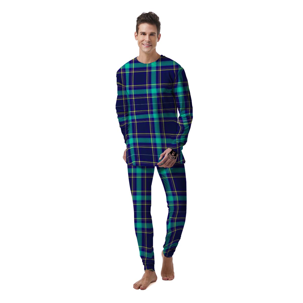 Blue Plaid Tartan Print Men's Pajamas-grizzshop