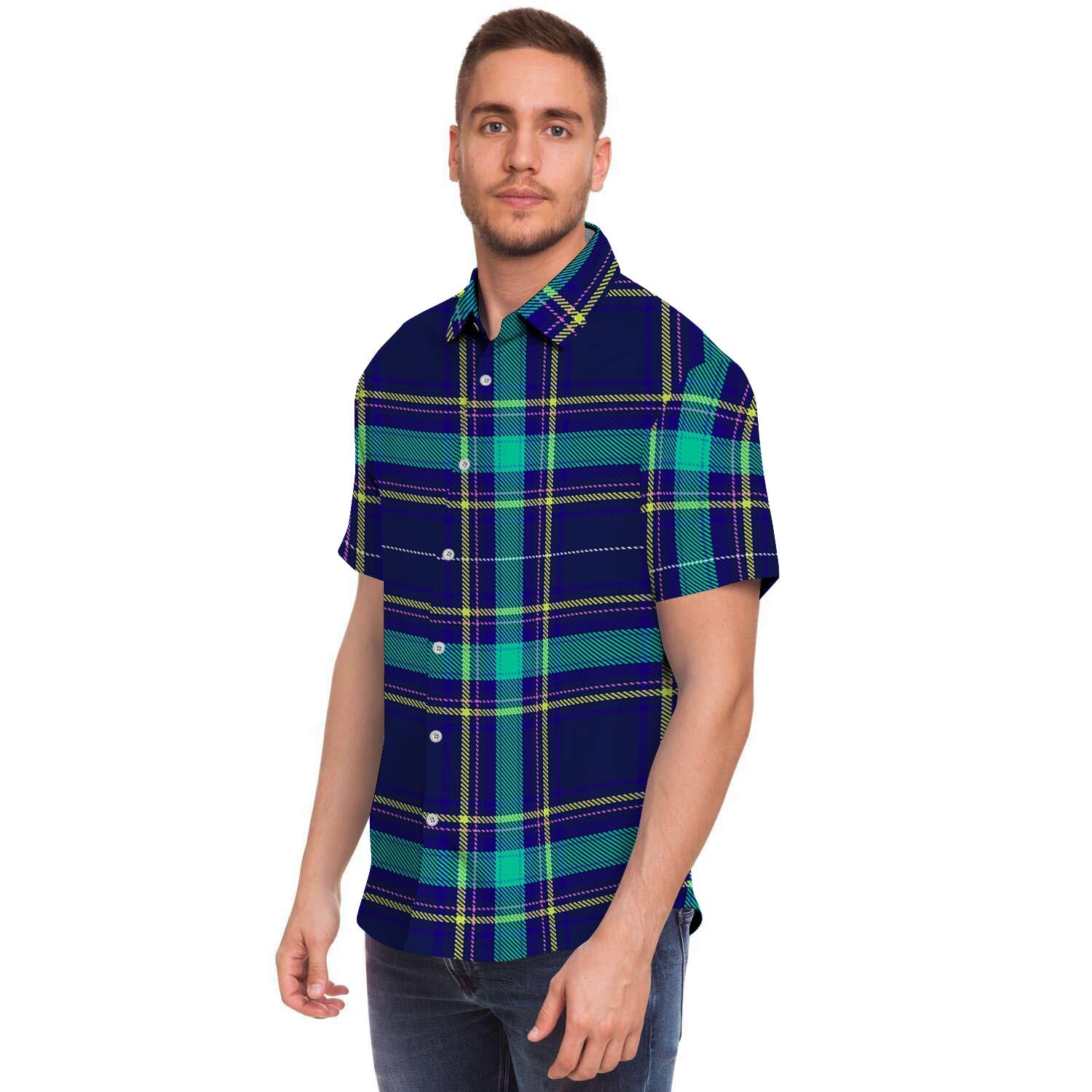 Blue Plaid Tartan Print Men's Short Sleeve Shirt-grizzshop