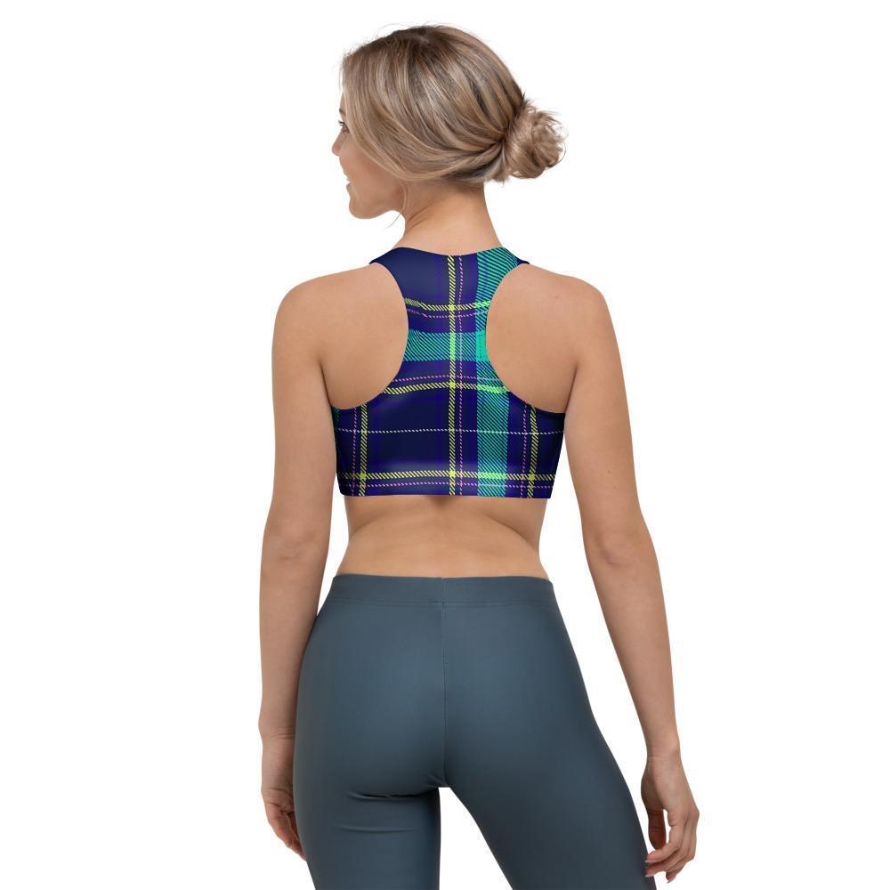 Blue Plaid Tartan Print Sports Bra-grizzshop