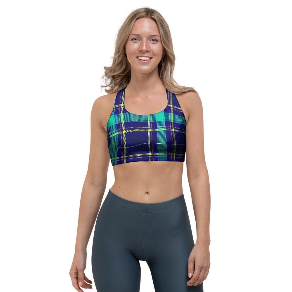 Blue Plaid Tartan Print Sports Bra-grizzshop