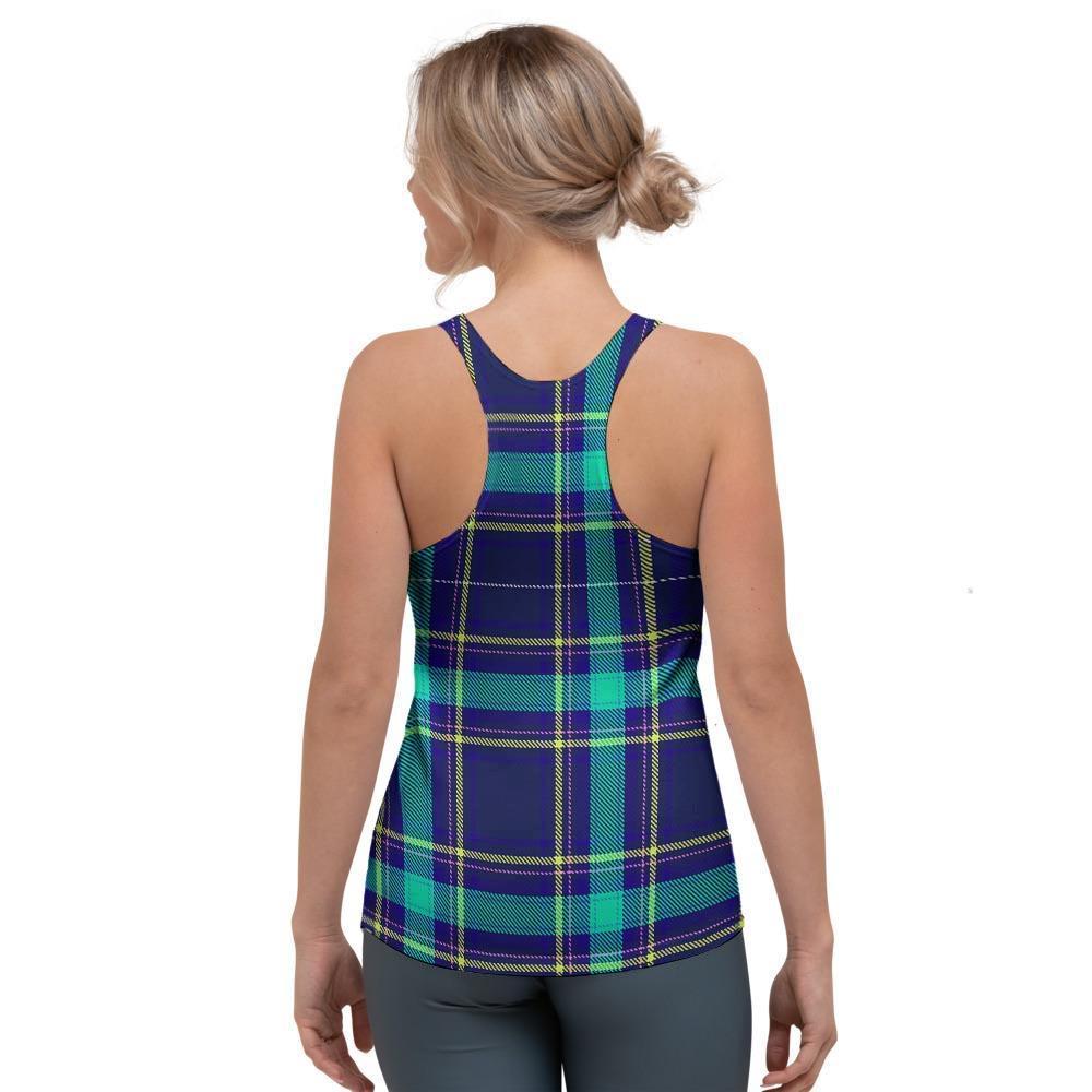 Blue Plaid Tartan Print Women's Racerback Tank Top-grizzshop