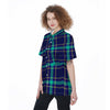 Blue Plaid Tartan Print Women's Short Sleeve Shirts-grizzshop