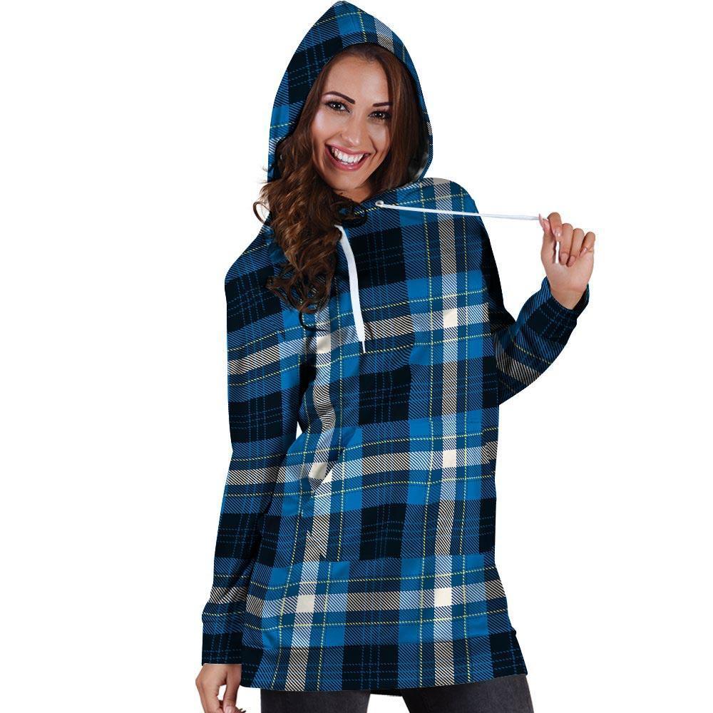 Blue Plaid Tartan Scottish Hoodie Dress-grizzshop