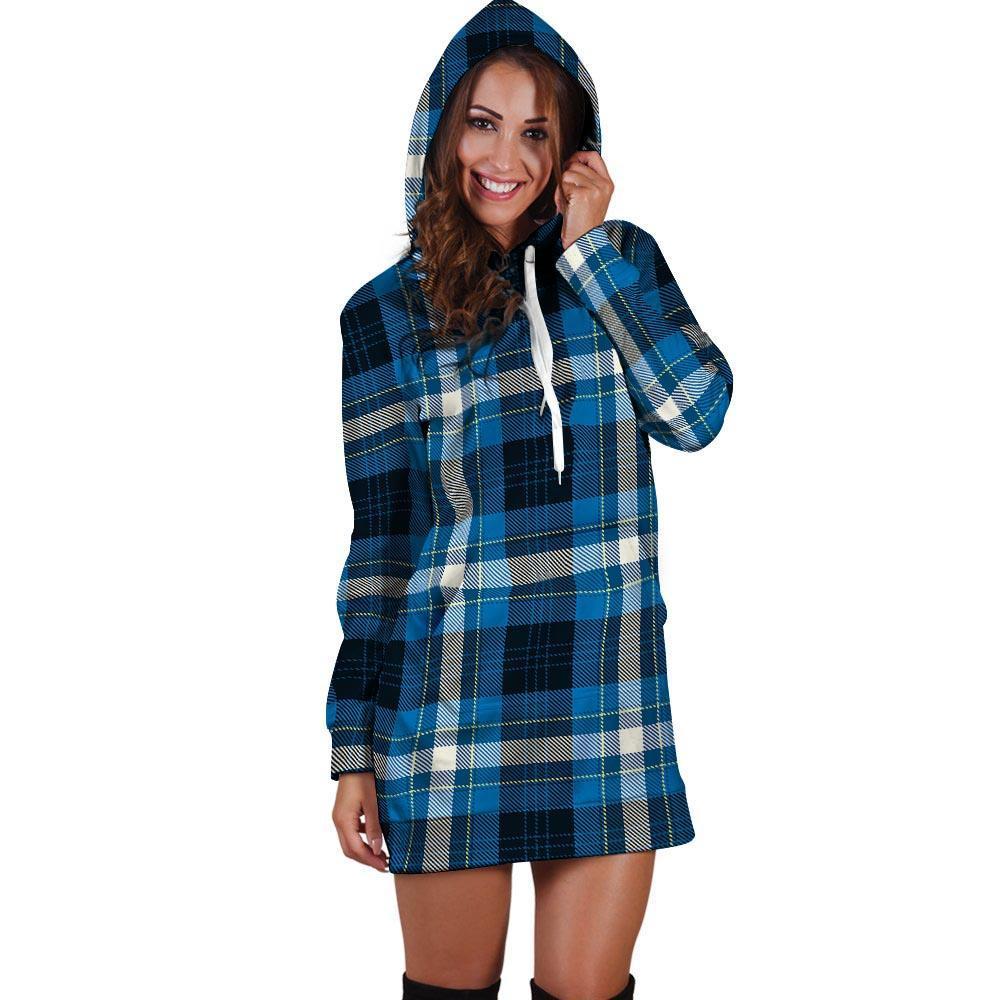 Blue Plaid Tartan Scottish Hoodie Dress-grizzshop