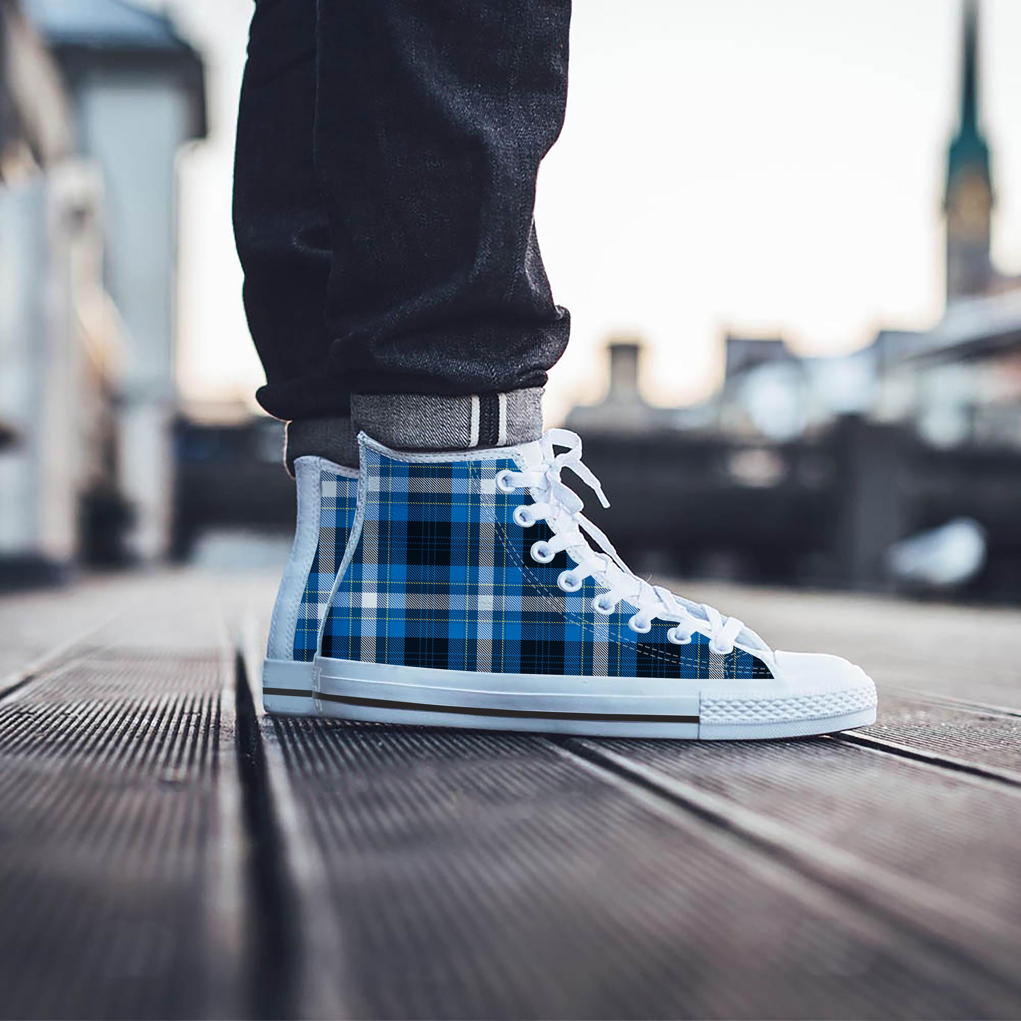 Blue Plaid Tartan Scottish Men's High Top Shoes-grizzshop