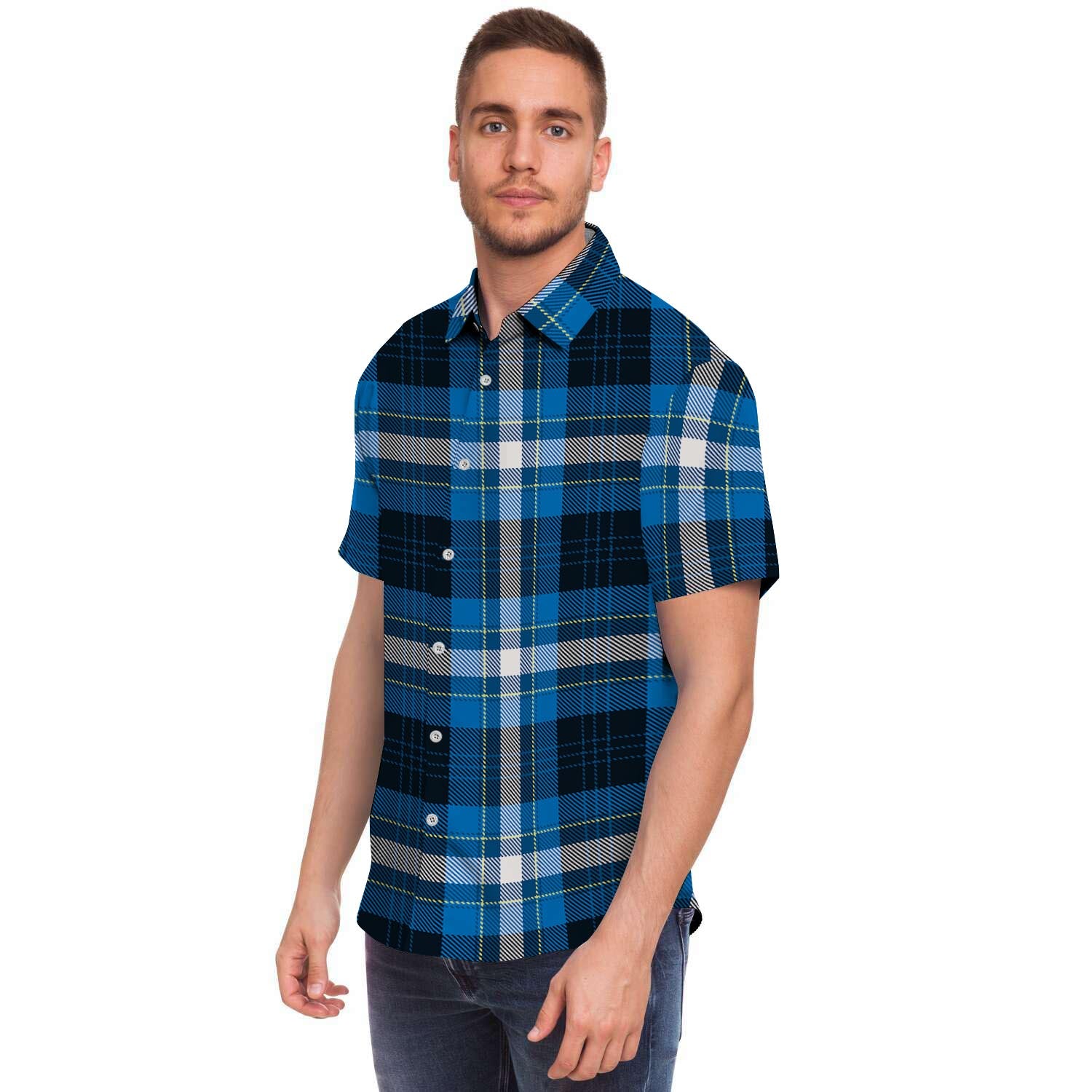 Blue Plaid Tartan Scottish Men's Short Sleeve Shirt-grizzshop