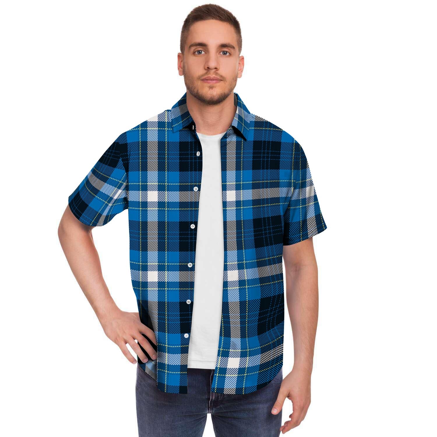 Blue Plaid Tartan Scottish Men's Short Sleeve Shirt-grizzshop